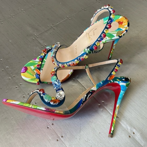 Christian Louboutin Floral Heels with Gems - Picture 4 of 10
